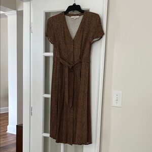 LOFT Brown Animal-Print Midi Dress with Tie Waist